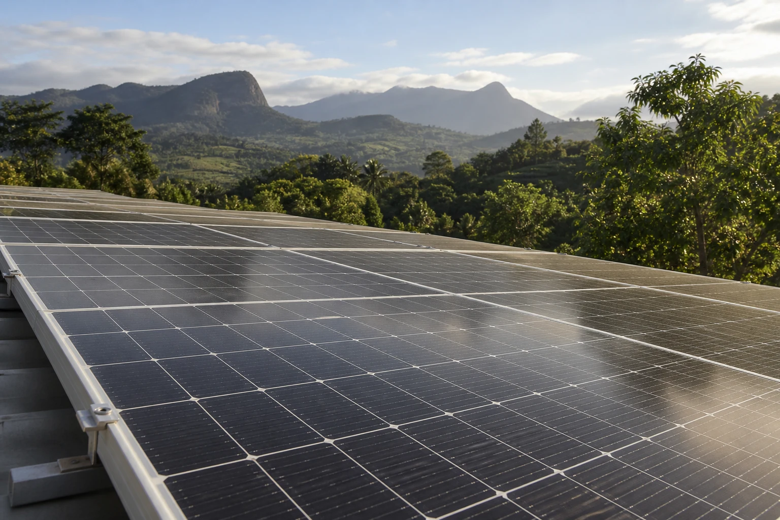 Detalhe de módulos fotovoltaicos com vegetação ao fundo