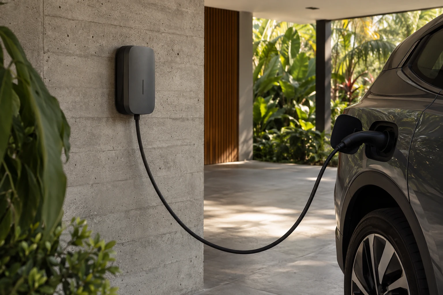 Wallbox instalado em garagem contemporânea com veículo conectado para recarga